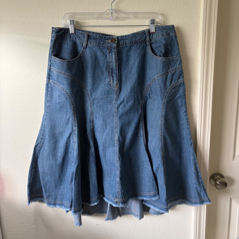 Faded Glory Blue Denim Paneled Flared Midi Skirt Raw Hem 14 Vintage Y2K Boho